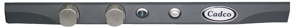 A close-up of a Cadco countertop convection oven control panel featuring two large silver knobs, a small round blue indicator light, a white button, and an oval Cadco logo on a gray background.