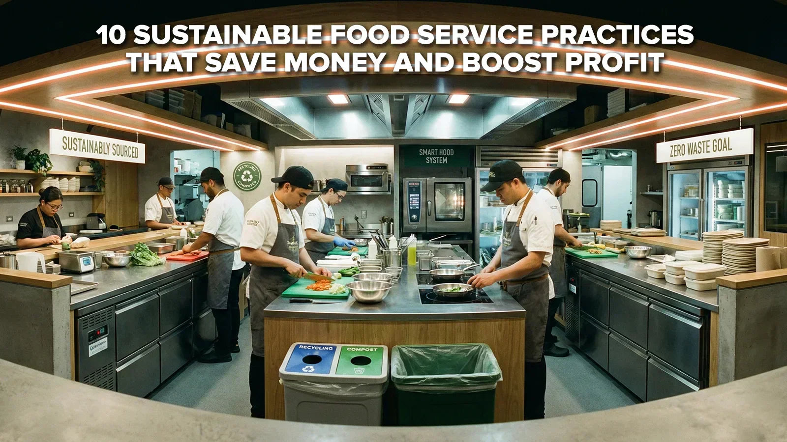 Commercial kitchen with energy-efficient equipment and staff preparing food, featuring the title “10 Sustainable Food Service Practices That Save Money and Boost Profit”