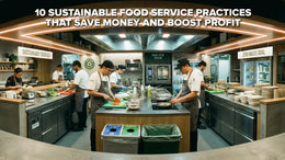 Commercial kitchen with energy-efficient equipment and staff preparing food, featuring the title “10 Sustainable Food Service Practices That Save Money and Boost Profit”