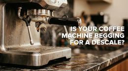 Banner showing a coffee machine with steam and overlay text warning about signs of descaling