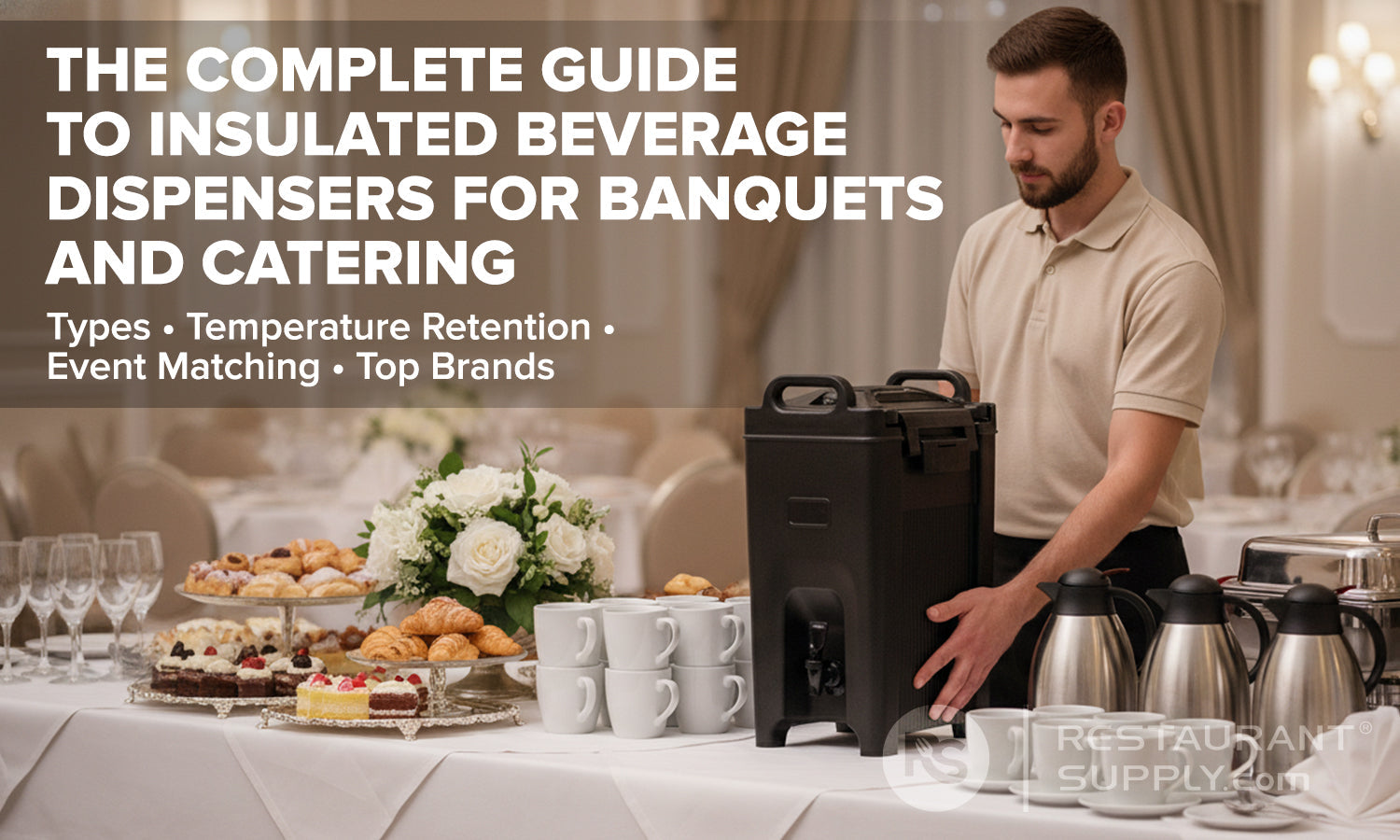 Banquet staff setting up insulated beverage dispensers for event service