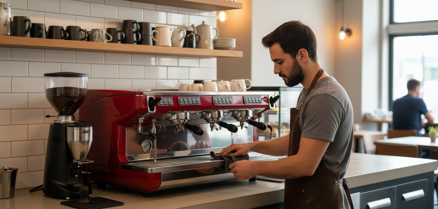 Barista maintaining a commercial espresso machine in a café