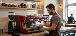 Barista maintaining a commercial espresso machine in a café