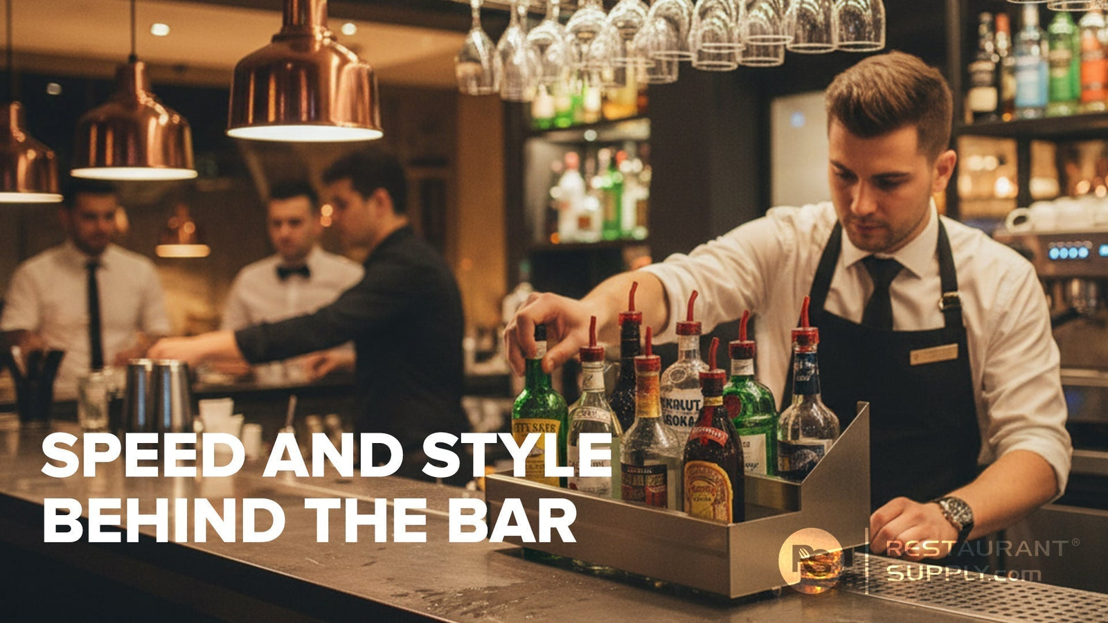 Bartender using a commercial speed rail during bar service