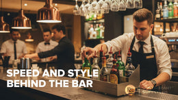 Bartender using a commercial speed rail during bar service