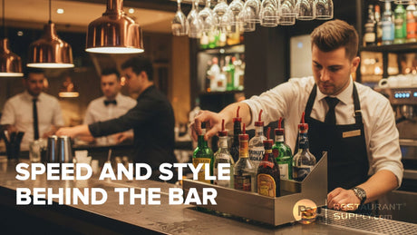 Bartender using a commercial speed rail during bar service