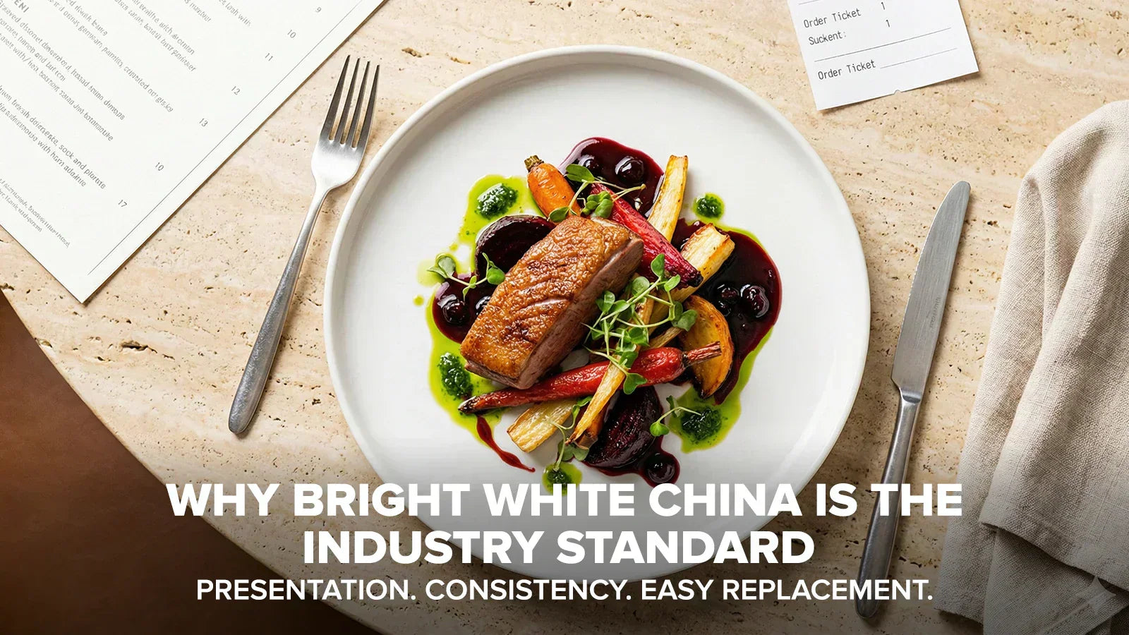 Bright white porcelain plate showcasing a colorful plated dish under clean lighting, demonstrating why white china enhances presentation and consistency