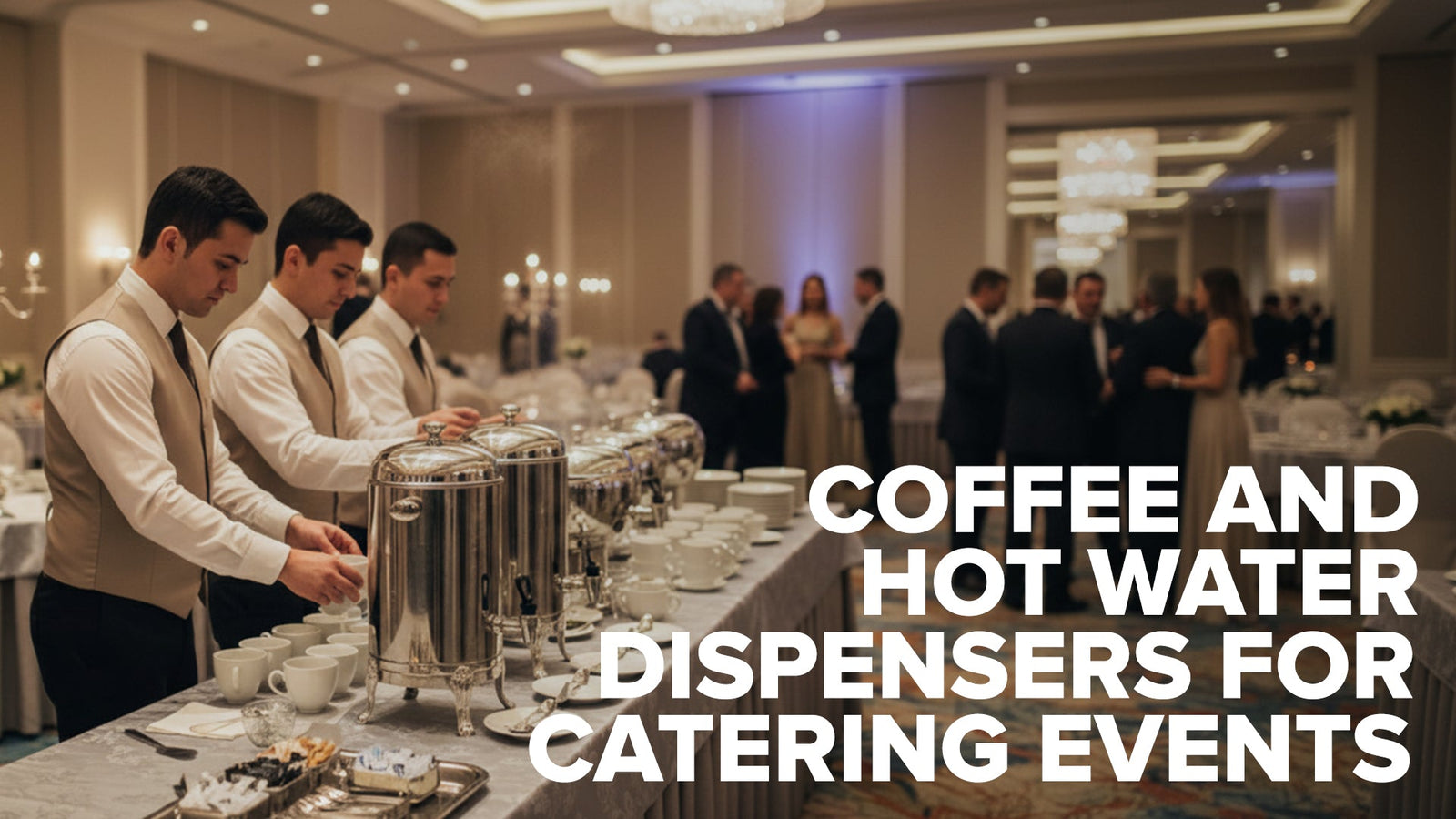 Catering team arranging coffee and hot water dispensers at a large event