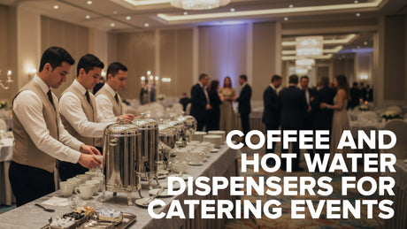 Catering team arranging coffee and hot water dispensers at a large event
