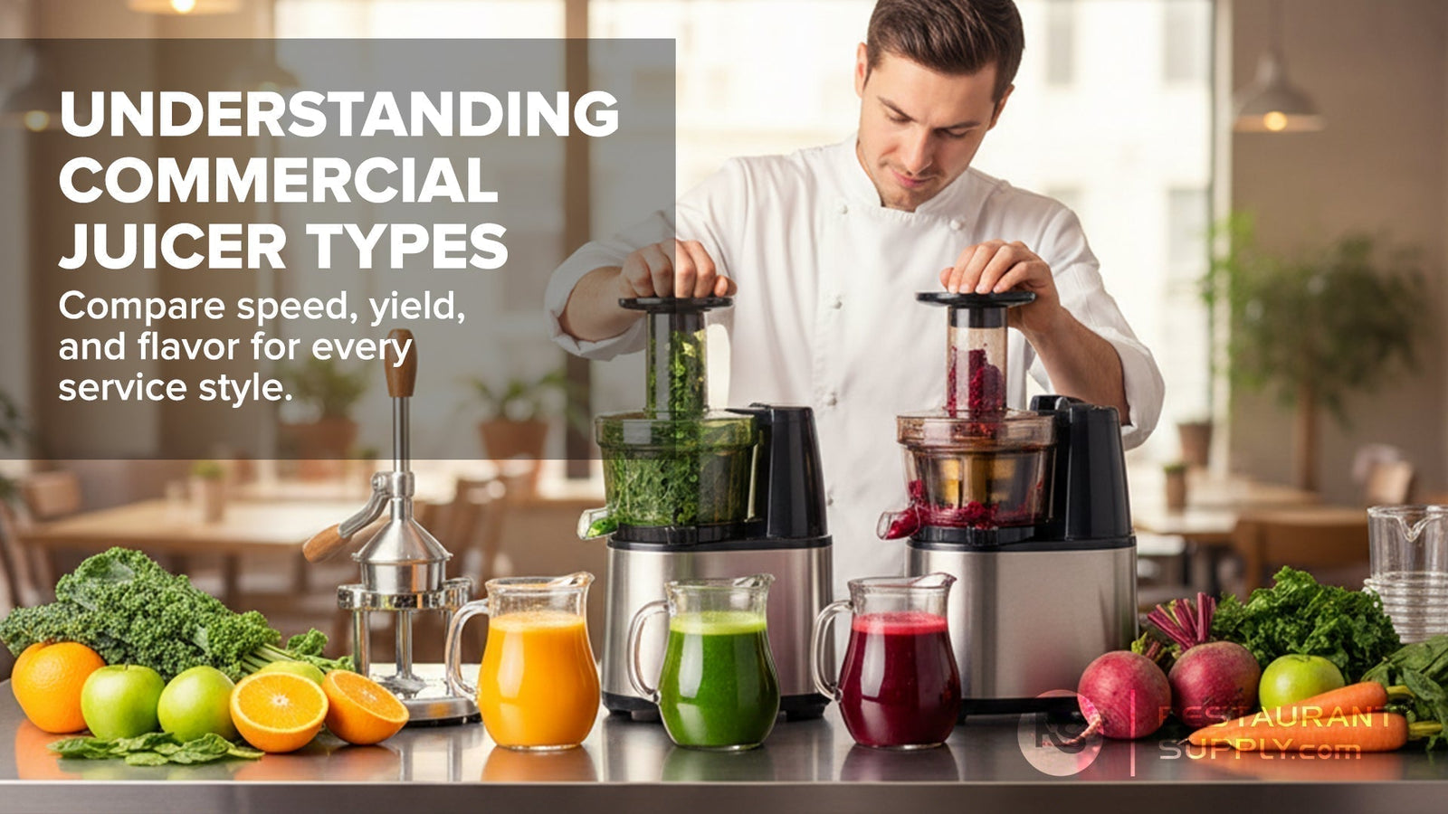Commercial citrus, centrifugal, and cold-press juicers operating in a restaurant kitchen