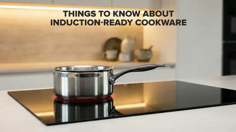Induction-ready cookware on a modern induction cooktop with the title “Things to Know About Induction-Ready Cookware” centered on the image