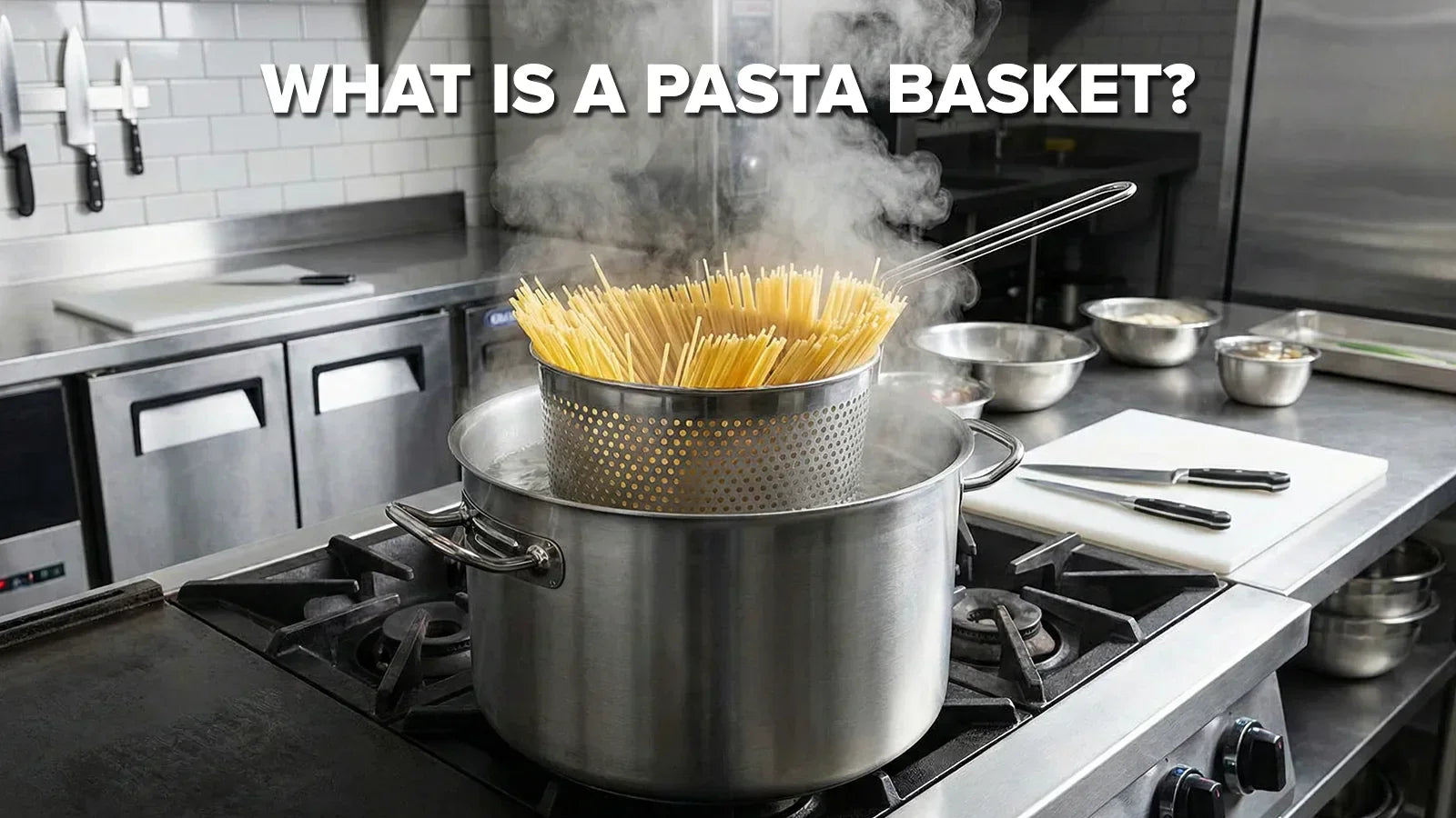 Stainless steel pasta basket in a pot of boiling water with the title “What Is a Pasta Basket?” centered on the image