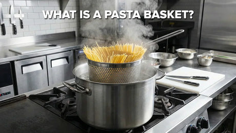 Stainless steel pasta basket in a pot of boiling water with the title “What Is a Pasta Basket?” centered on the image