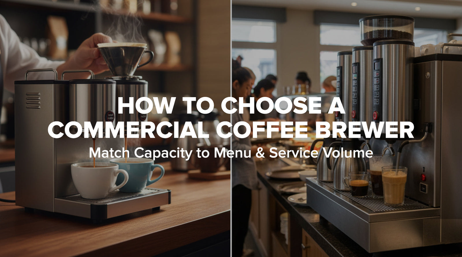 Commercial coffee brewers side by side in a cafe and restaurant setting with coffee being poured