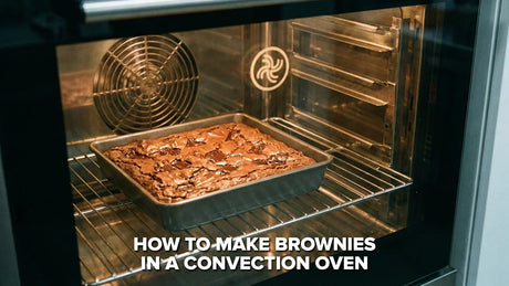 Fudgy brownies in a baking pan near a convection oven with the title “How to Make Brownies in a Convection Oven” centered on the image