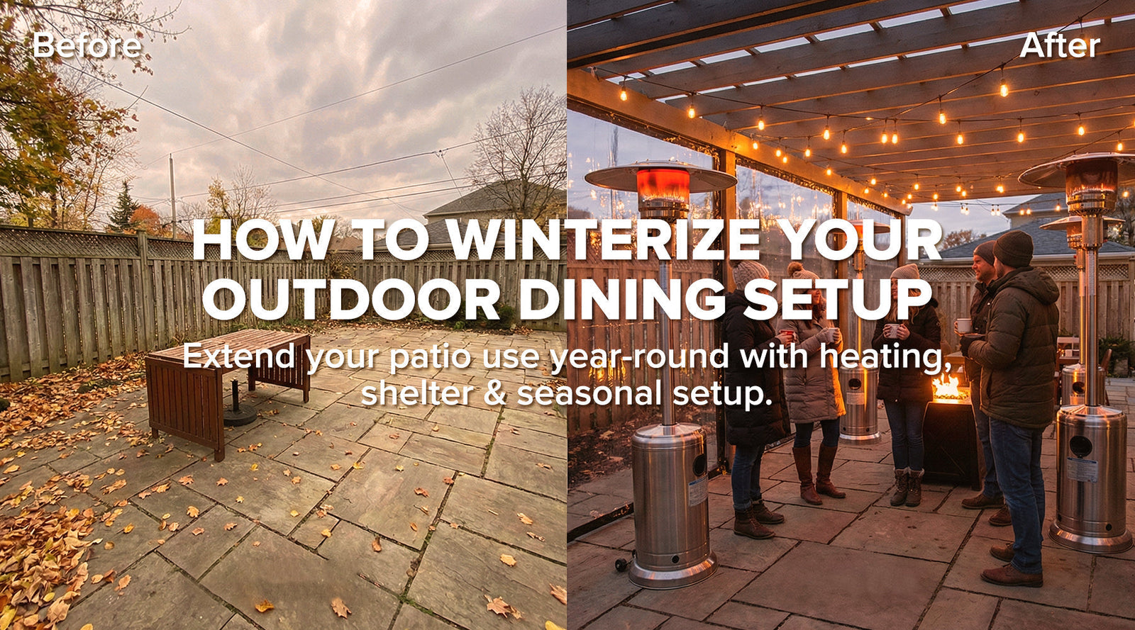 utdoor dining patio before and after winter setup with heaters, covers, and guests under lighting