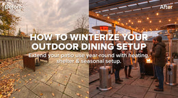 utdoor dining patio before and after winter setup with heaters, covers, and guests under lighting