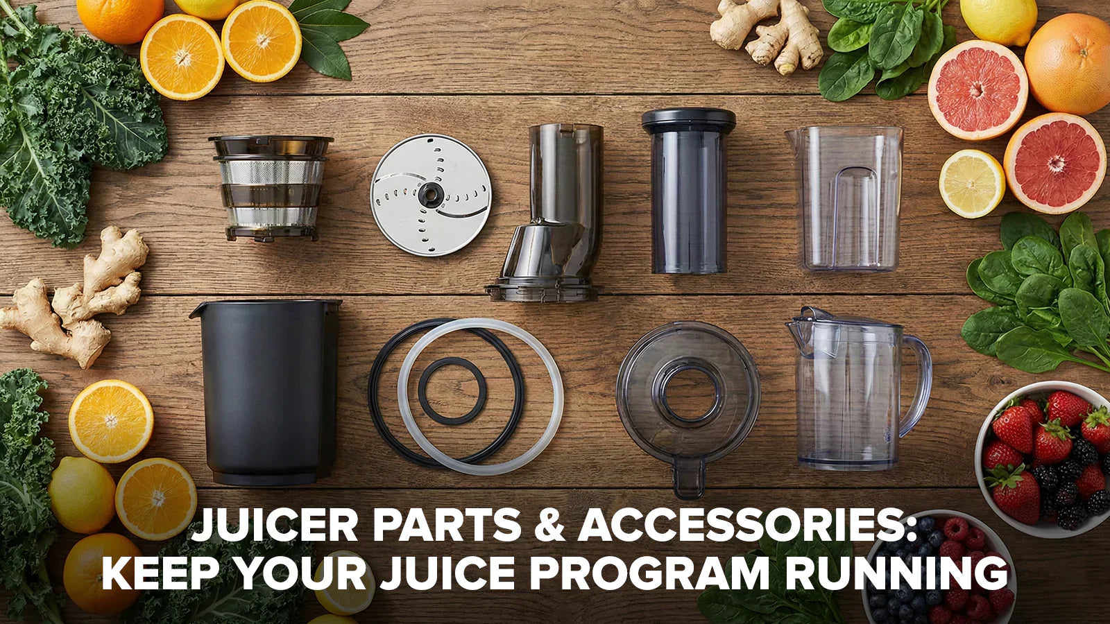 Header with juicer parts and fresh produce behind the title ‘Juicer Parts & Accessories: Keep Your Juice Program Running