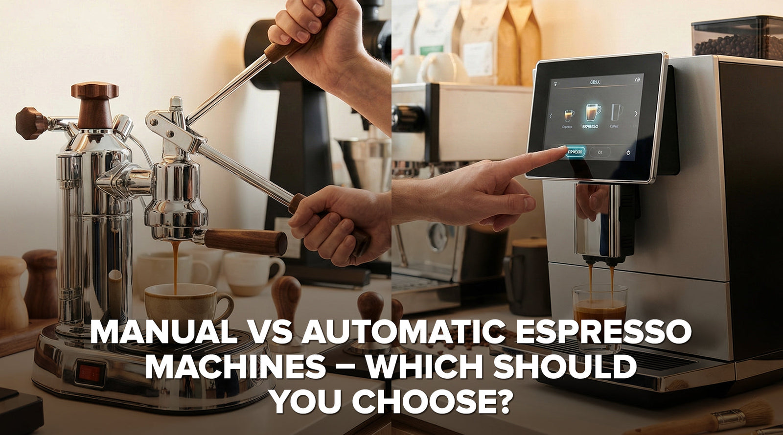 Side-by-side view of manual and automatic espresso machines in use
