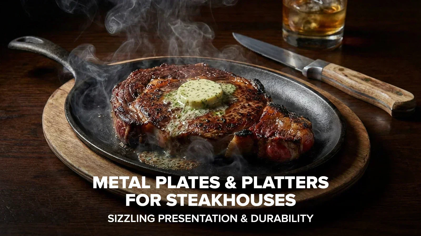 Sizzling steak served on a cast iron platter with a wood underliner, highlighting metal dinnerware’s heat retention and steakhouse presentation impact