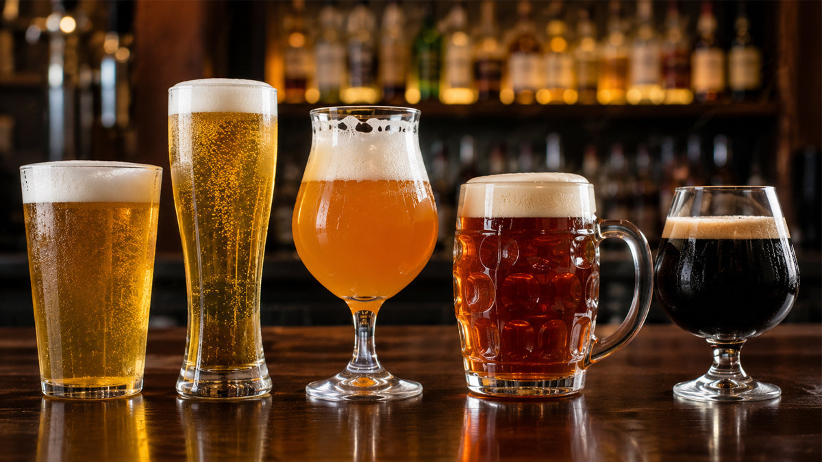 Assorted beer glasses including pint pilsner tulip and mug filled with beer