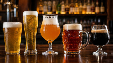 Assorted beer glasses including pint pilsner tulip and mug filled with beer