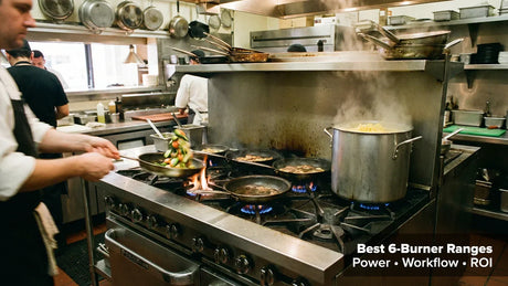 Six-burner commercial gas range in a medium restaurant cookline with sauté pans and a stockpot in use during service.