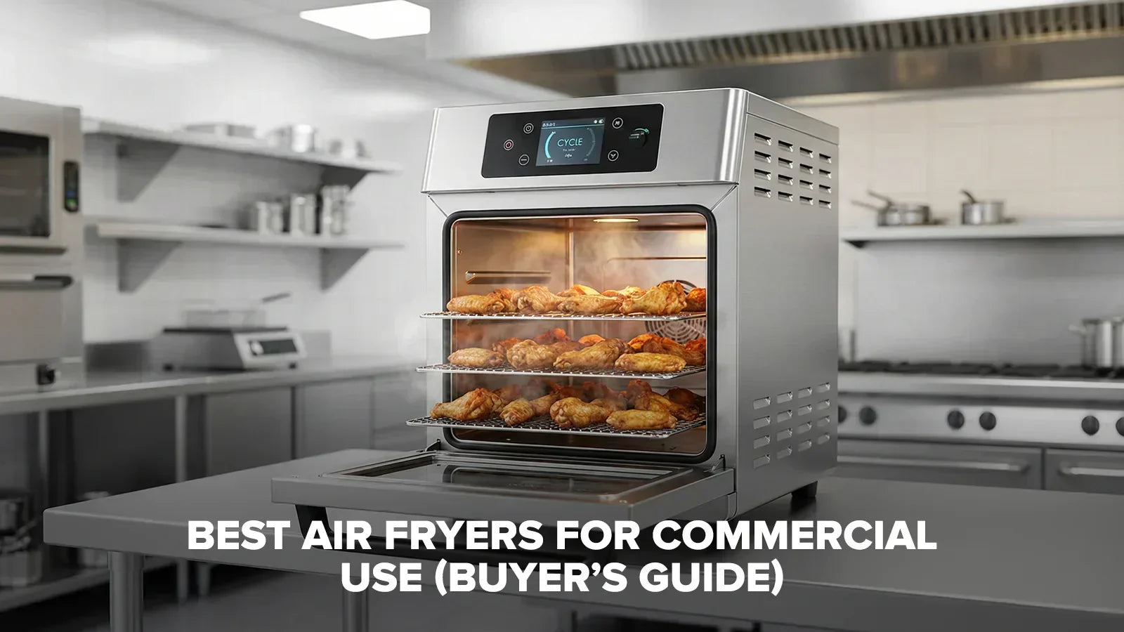  Commercial air fryer on a prep counter with basket open and food cooking inside
