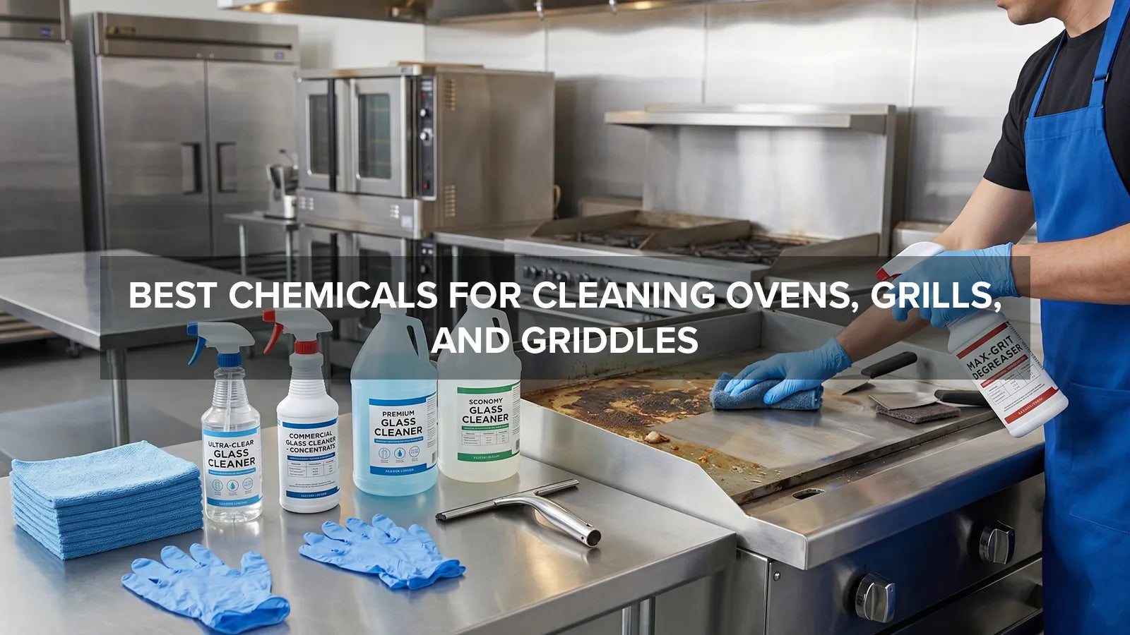 Cleaning chemicals and worker removing grease from ovens and grills in a commercial kitchen
