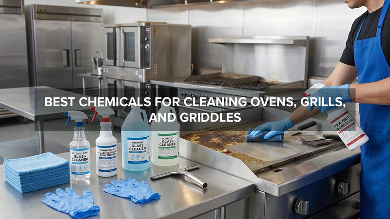 Cleaning chemicals and worker removing grease from ovens and grills in a commercial kitchen