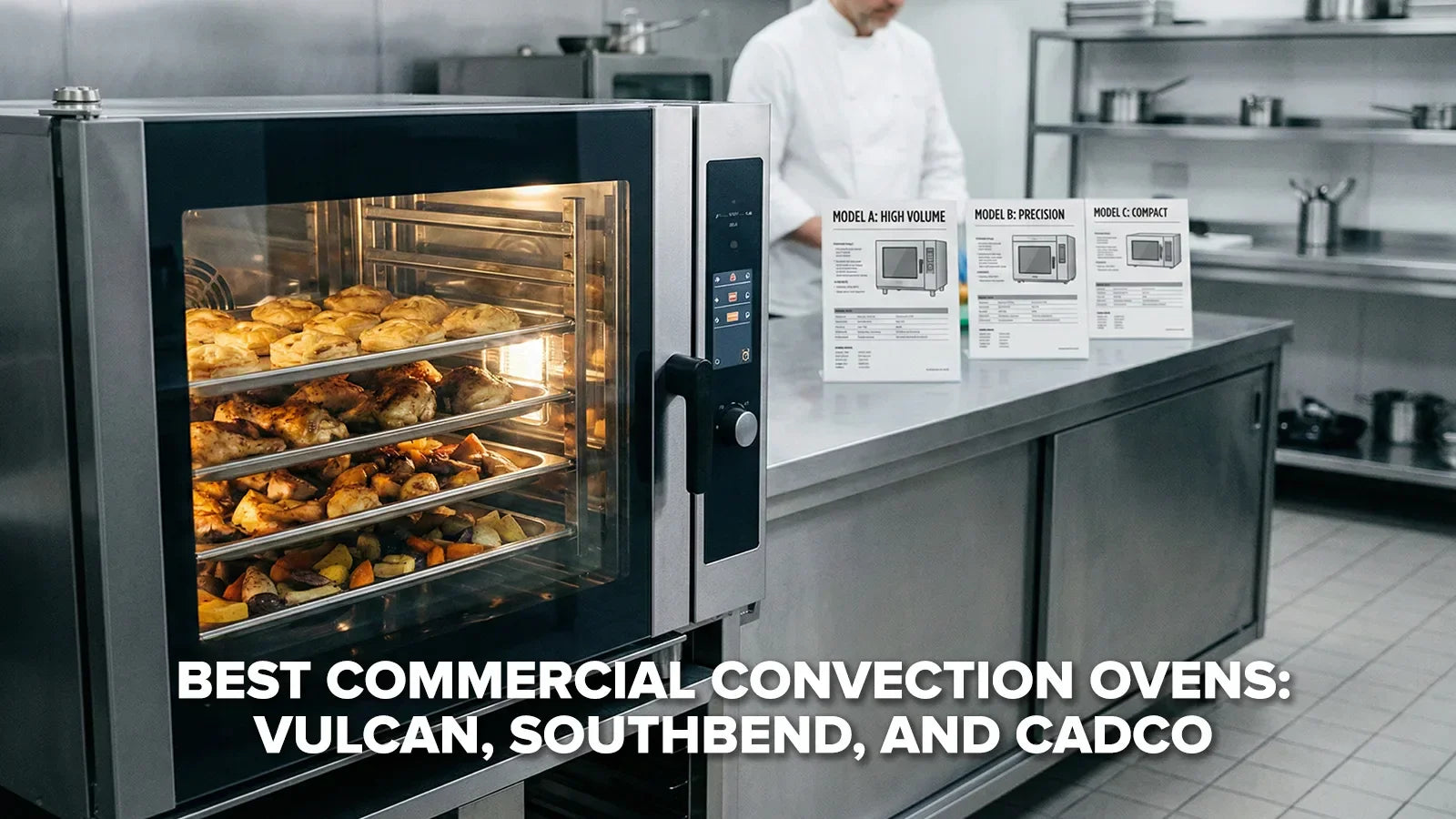 Commercial convection oven baking food in a professional kitchen, featuring Vulcan, Southbend, and Cadco comparisons