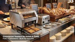 Commercial toaster at a hotel breakfast station producing toast quickly for buffet service with bread baskets and serving tools nearby