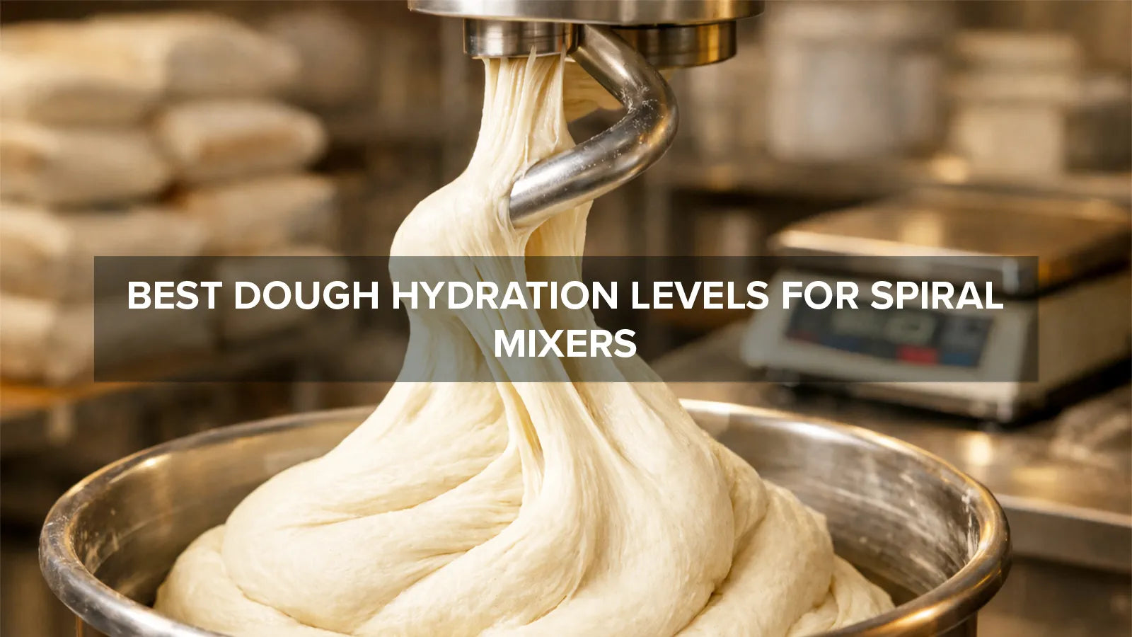 Spiral mixer kneading dough in a bakery, illustrating optimal dough hydration levels