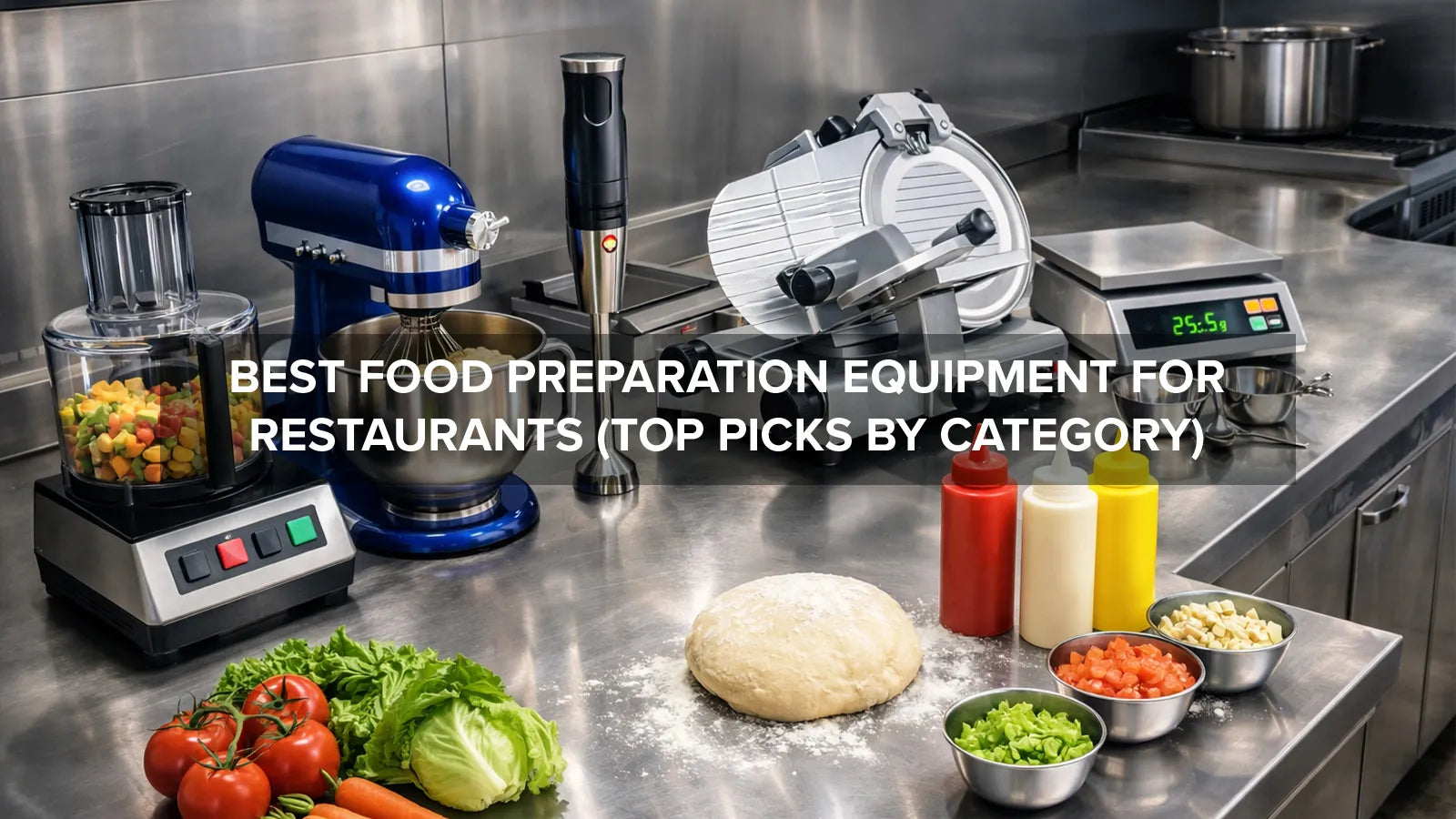 A variety of commercial food preparation equipment on a kitchen prep counter showing top restaurant picks by category header image