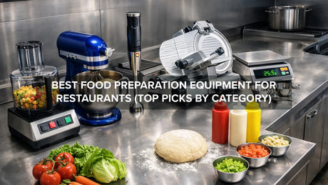 A variety of commercial food preparation equipment on a kitchen prep counter showing top restaurant picks by category header image