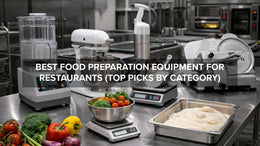 Commercial kitchen prep station with food preparation equipment including mixer, food processor, and cutting tools header image