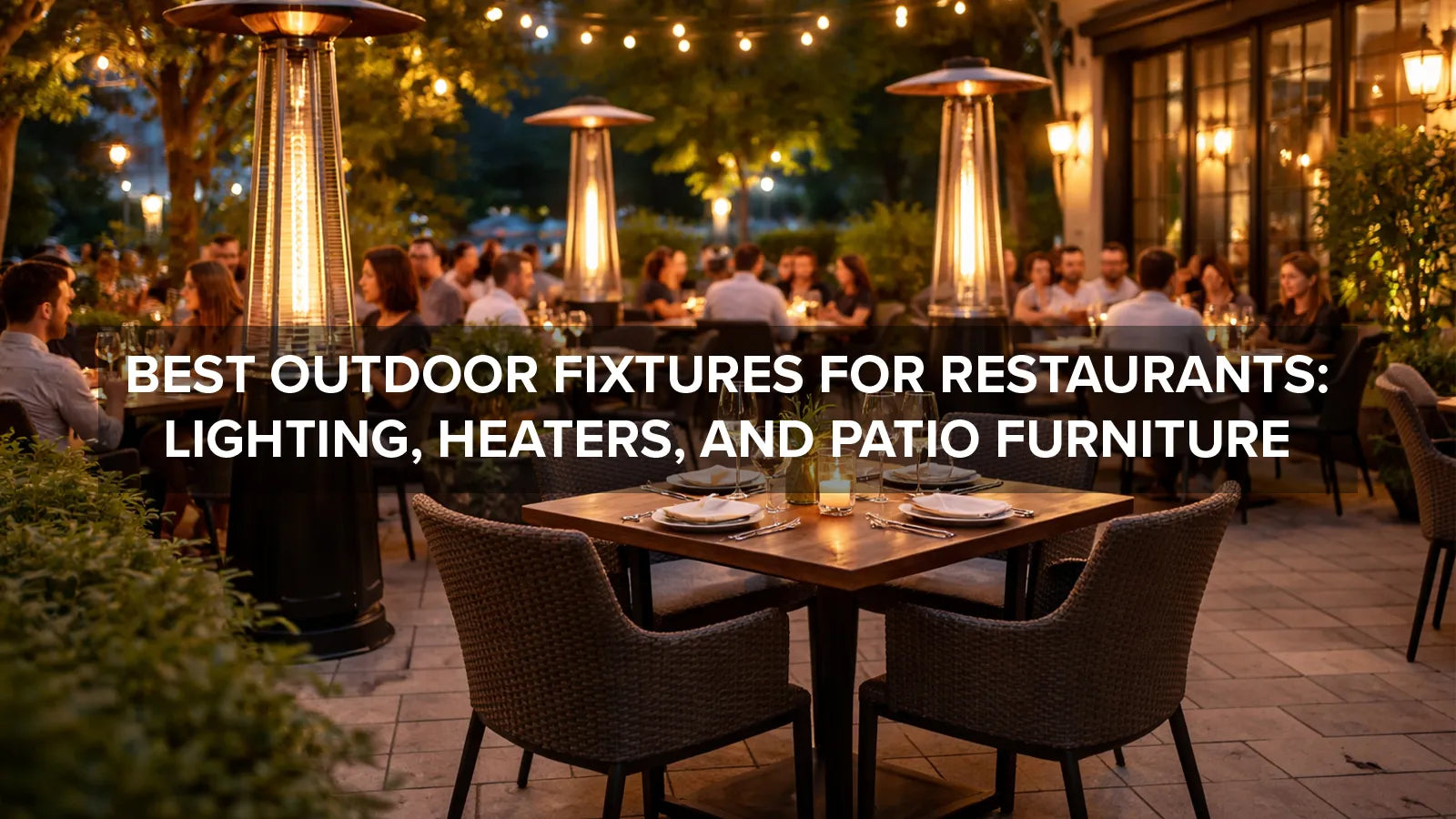 Outdoor restaurant patio with lighting, heaters, and weather-resistant furniture for guest comfort