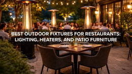 Outdoor restaurant patio with lighting, heaters, and weather-resistant furniture for guest comfort