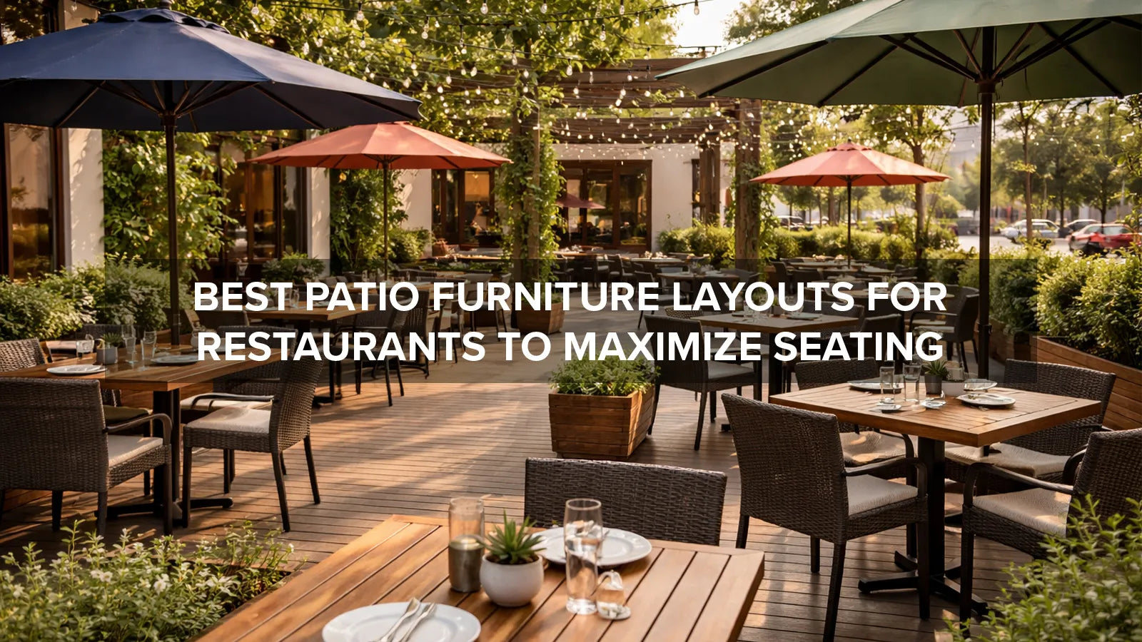 Outdoor restaurant patio with optimized seating layout and tables arranged efficiently