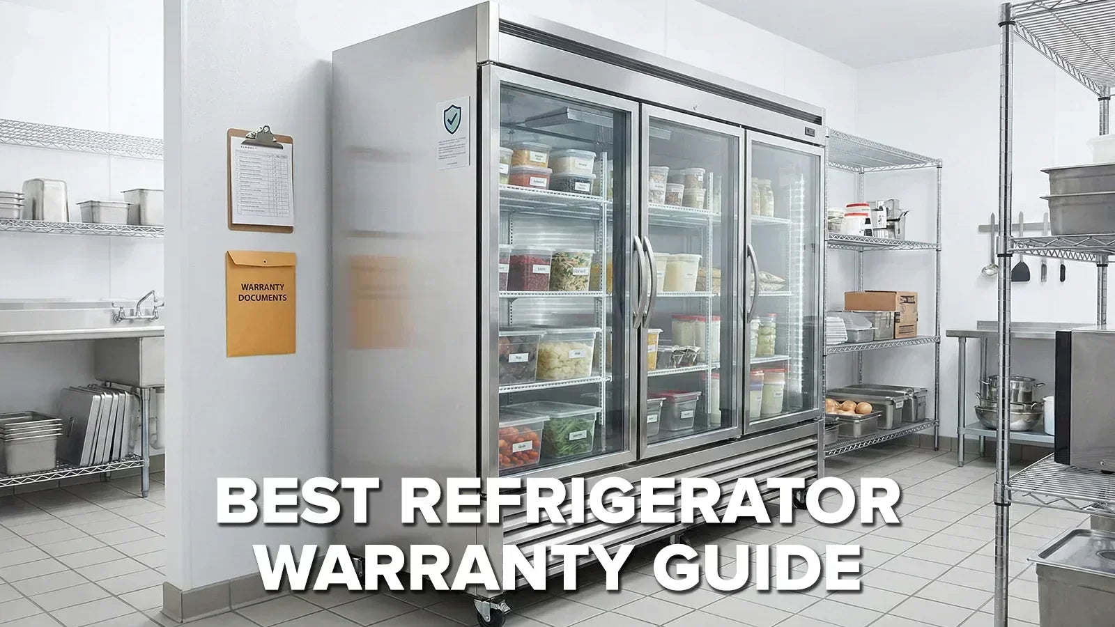 Commercial refrigerator in a professional kitchen with a warranty checklist, representing a refrigerator warranty guide
