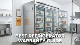 Commercial refrigerator in a professional kitchen with a warranty checklist, representing a refrigerator warranty guide