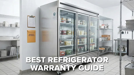 Commercial refrigerator in a professional kitchen with a warranty checklist, representing a refrigerator warranty guide
