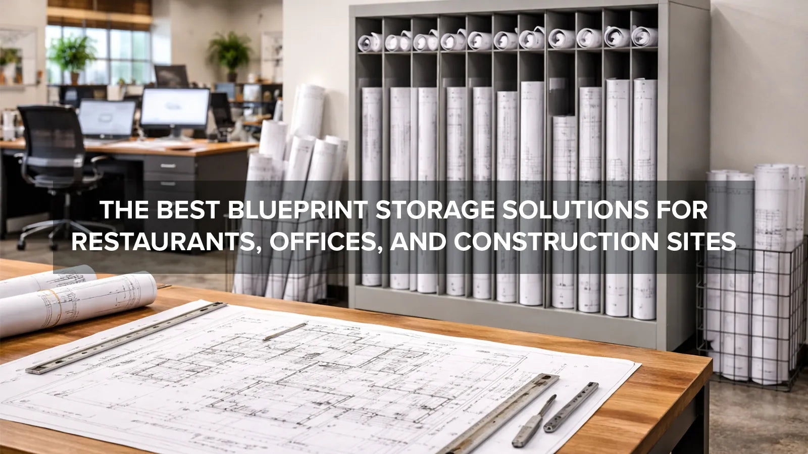 Blueprint storage cabinet and architectural drawings organized in a professional workspace