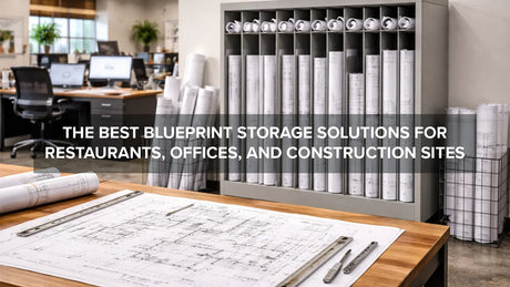 Blueprint storage cabinet and architectural drawings organized in a professional workspace