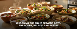Three types of ceramic bowls with soup, salad, and pasta arranged on a table with the title “Choosing the Right Ceramic Bowl for Soups, Salads, and Pastas” at the center