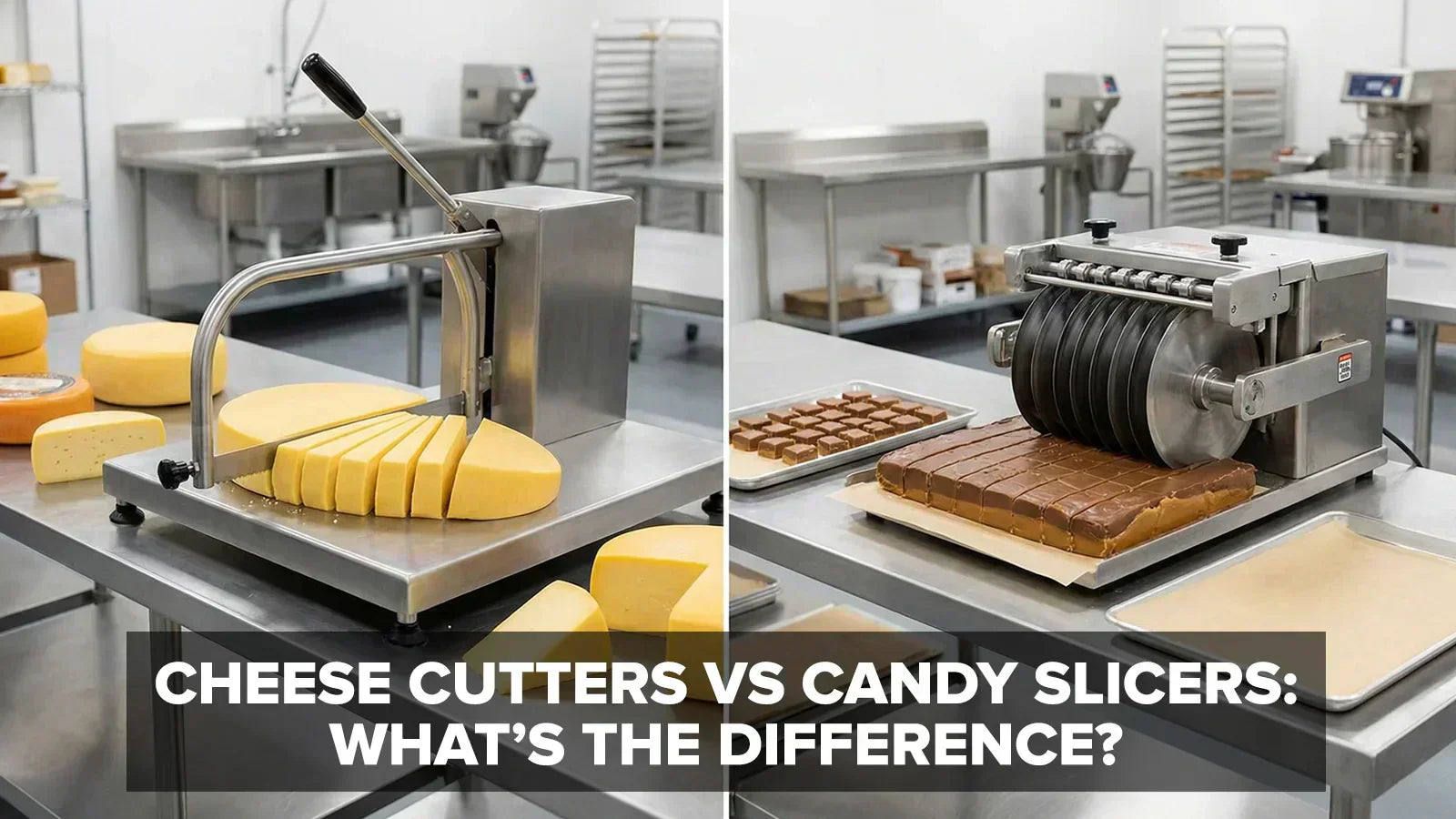 Side-by-side view of a commercial cheese cutter and a candy slicer showing the difference between cheese cutters and candy slicers