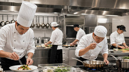Professional kitchen staff wearing chef hats working in a clean commercial kitchen