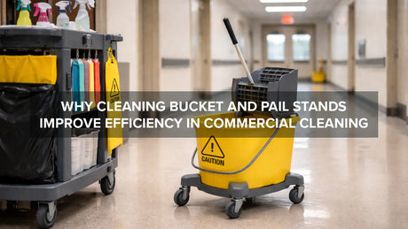 Commercial mop bucket placed on a wheeled pail stand used in facility cleaning