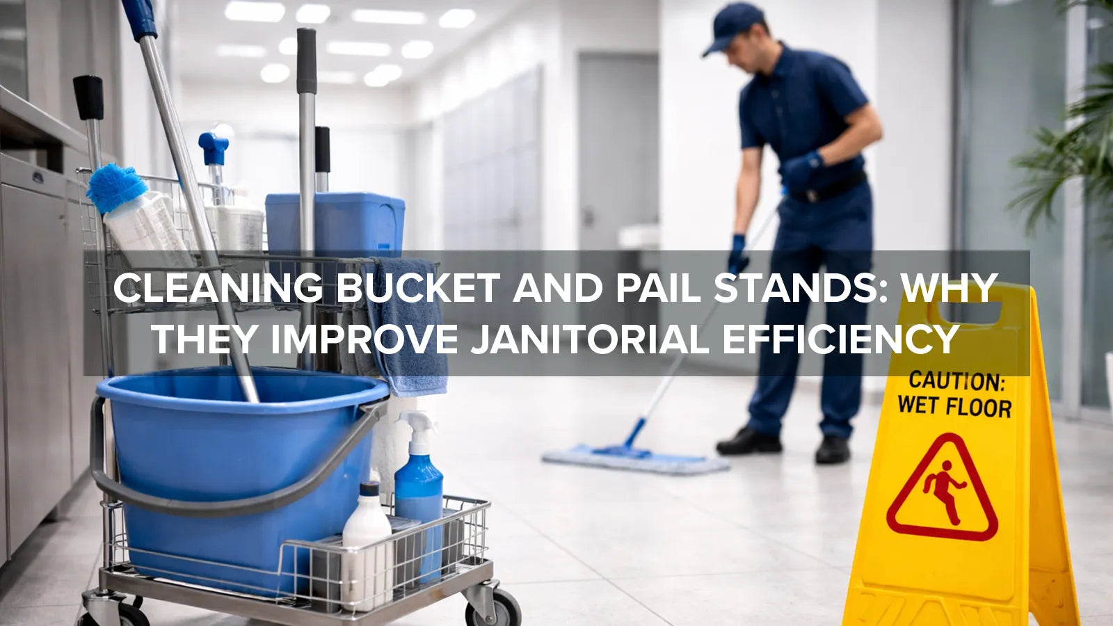 Cleaning bucket placed on a bucket stand used by janitorial staff in a commercial facility.