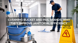 Cleaning bucket placed on a bucket stand used by janitorial staff in a commercial facility.